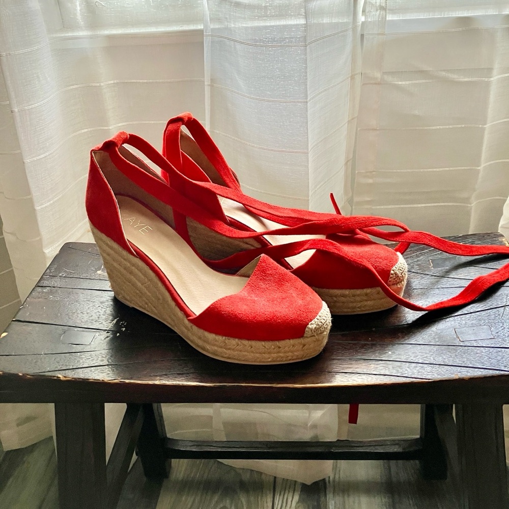 RAYE Red Platform Espadrille Wedges